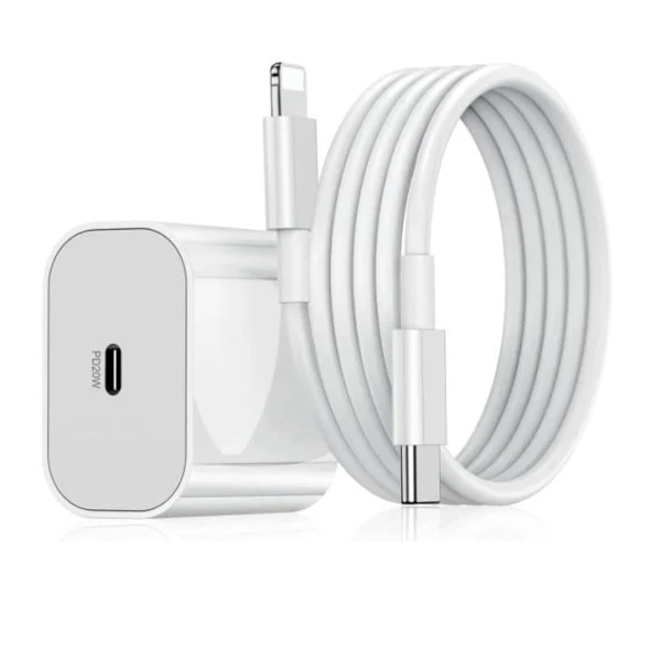 iPhone Hurtiglader USB-C Strømadapter 20W + 2m Datakabel Hvit - 1 lader og 1 2m ladekabel