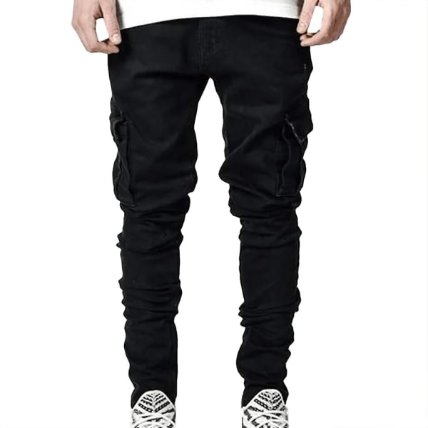 Skinny Denim Jeans för män Casual Slim Fit Byxor Byxor Black S