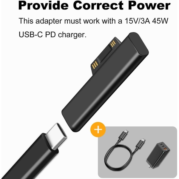 For Surface Connect til USB-C Magnetisk Adapter, Type C Fungerer med 15V/3A 45W til Surface Pro 6/5/4/3