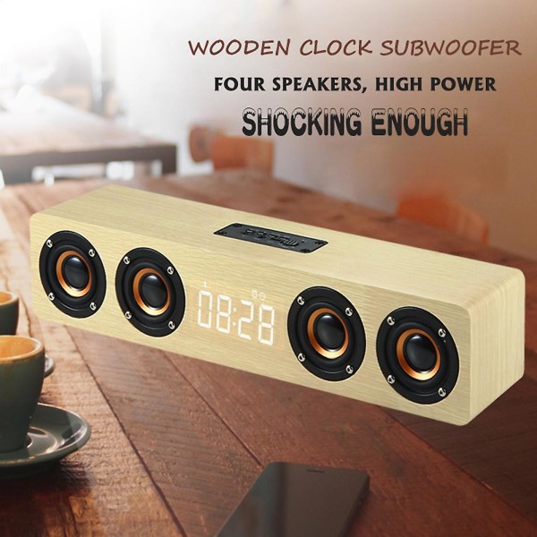 Soundbar TV-hemmabio med subwoofer Trådlös Bluetooth högtalare Väckarklocka Datorhögtalare (gul träkorn)
