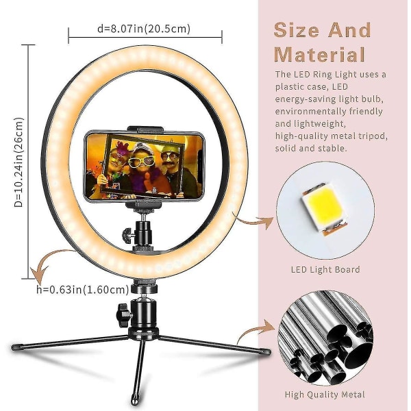 LED Ringlys 10\" med Tripod Stativ & Telefonholder til Live Streaming & Youtube Video