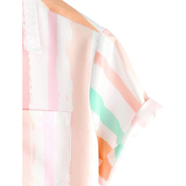 Mäns Randiga Sommartröjor Casual Knapp-Ner Kortärmad Strand Snygga Tröjor Whitepink 4XL