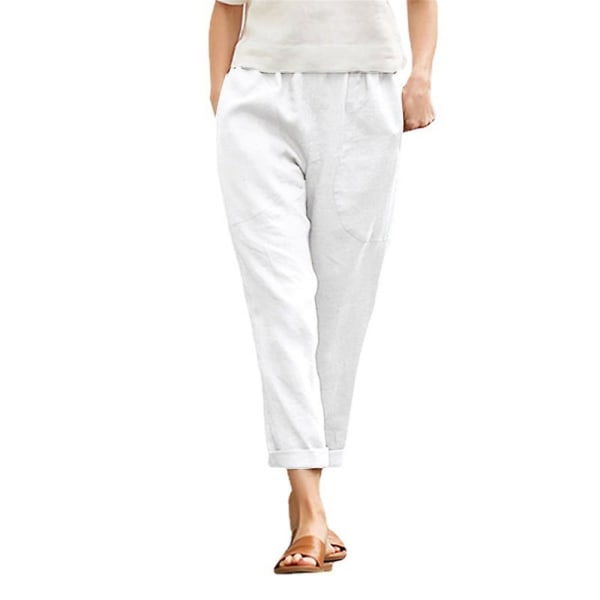 Naisten housut Kesäiset casual kiinteät lyhennetyt housut taskuilla White 2XL