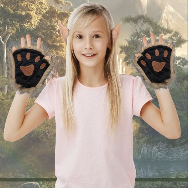 Therian Paws, Kattepoter 1 Par Halv Finger Therian Paws Søde Broderede Fur Paws Dekoreret Realistiske Potehandsker til Børn Voksen Rollespil Scene, S...