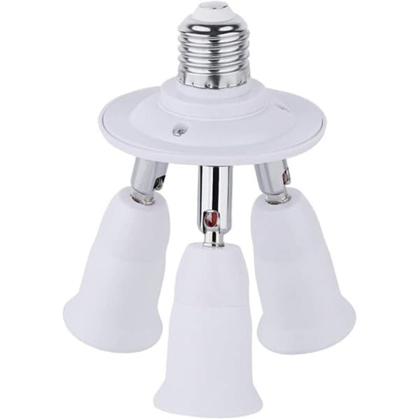 3-i-1 E27-adapter til studiebelysning. Tredobbelt skruefatning til LED-pærer. Flere E27-fatninger til UV-diskolamper. Hvid