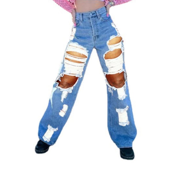 Kvinder Løse Rippede Flossede Jeans Bukser Denim Bukser Plus Size Light Blue 3XL