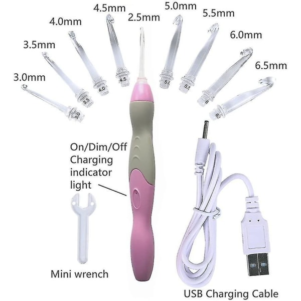 Sett med opplyste heklenåler, 9 størrelser utskiftbare hoder 2,5 mm til 6,5 mm med ergonomiske håndtak, oppladbare opplyste heklenåler komplett sett for A