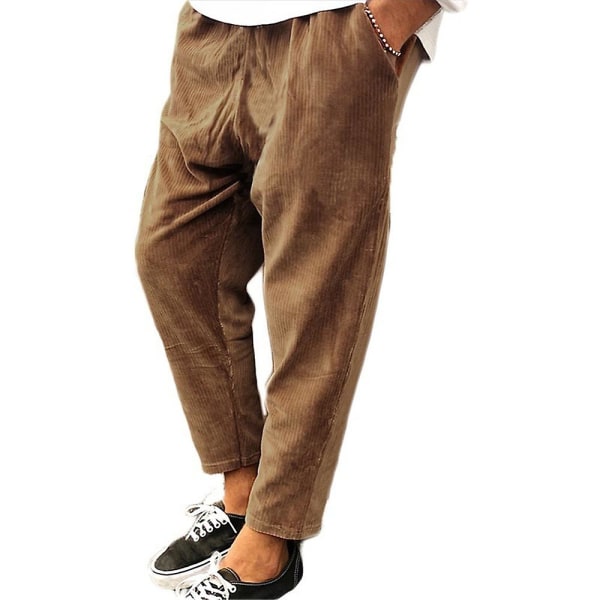 Miesten housut joustava vyötärö kiristysnyöri löysä rento casual suorat yhdeksännen housut Brown XL