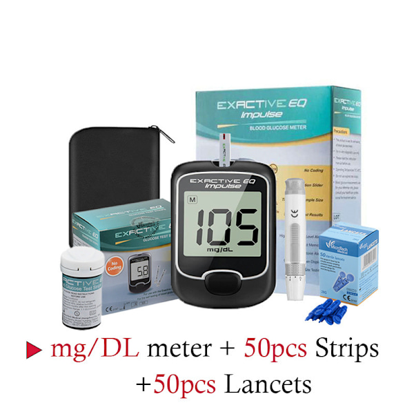 Blodsukkermåler måler nøyaktig 0,6 mikroliter blodprøve uten kodejustering, smart sukkermåler for hjemmebruk Host mg/dL+50 test strips+50 needles