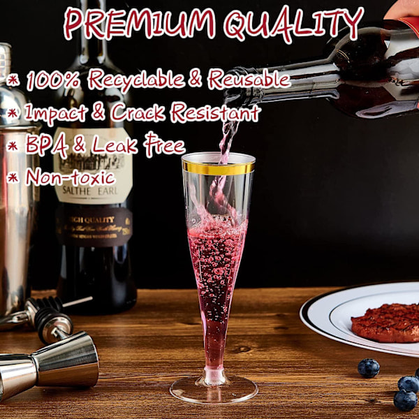 50 st 150ml Champagneglas med Guldkanter, Återanvändbara Champagneglas med Fot, Lämpliga för Trädgårdsbröllop, Födelsedagsfest, Duschfest (5 x 17cm)