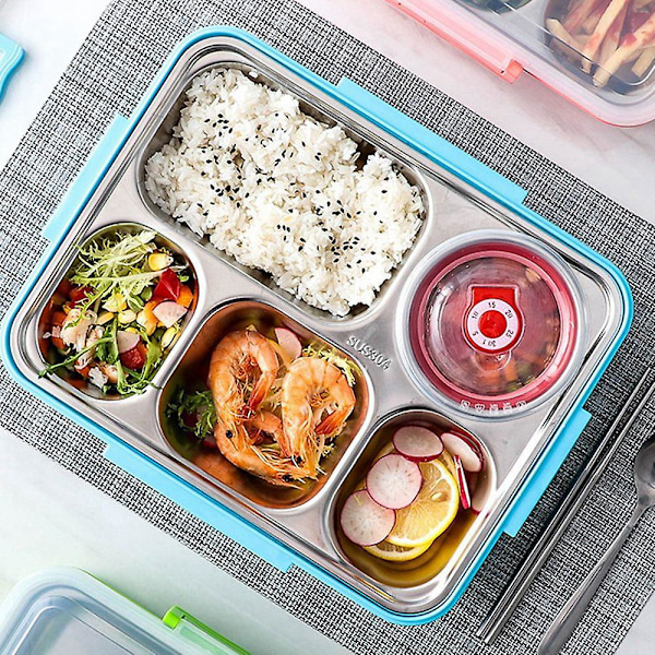 Lunchbox i rostfritt stål med 5 fack, läckagesäker, stor bentobox, soppbehållare, skolmiddag