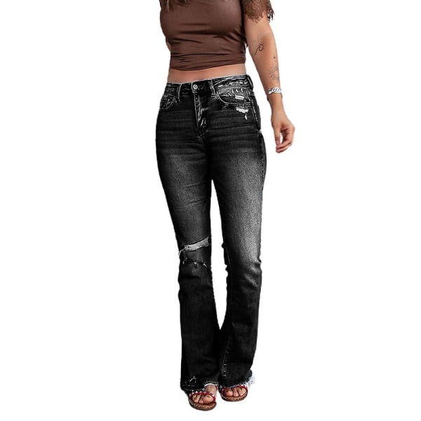 Kvinder Rippede Jeans Bootcut lange bukser Casual Stretch Denim Bukser Black 2XL
