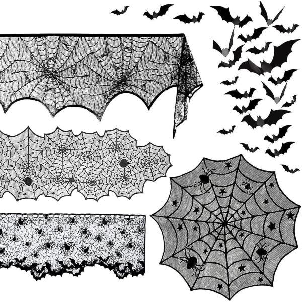 5 Pack Halloween Spider Decorations Setit -Halloween Takkahuivi & Pyöreä Pöydän Cover & Pitsi Pöytälenkki & Hämähäkinverkko lampunvarjostin & 60 Kpl Scary 3
