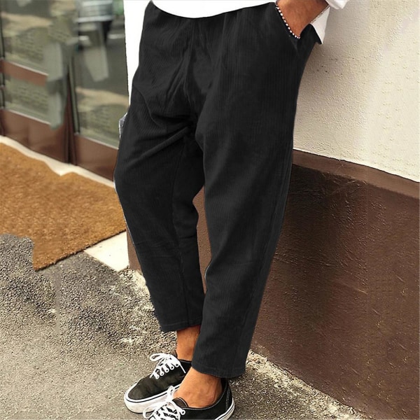 Män Byxor Elastisk Midja Snodd Lösa Casual Mode Raka Nionde Byxor Black XL