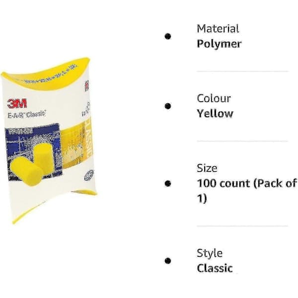 3M Ear Classic Öronproppar, 50 Par Förpackning, Gul, Snr = 28db, Över-Örat [Branded]