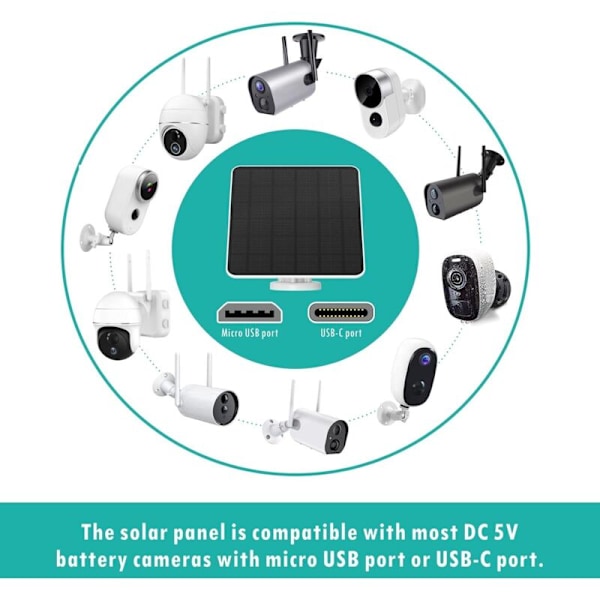 Solcellepanel for sikkerhetskamera. 5W USB solcellepanel kompatibelt med DC 5V oppladbare overvåkingskameraer. Solcellepanel for kamera med 3m kabel