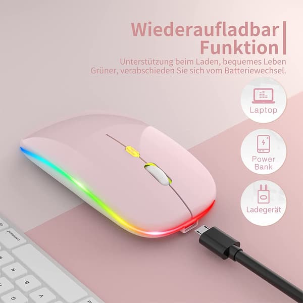 Trådløs Bluetooth dual-mode mus med lading, lydløs og lysende - dual-mode Bluetooth lysende - rosa