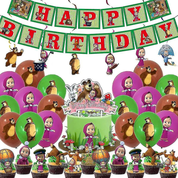 Masha And The Bear-tema Tillykke med fødselsdagen Fest Dekoration Banner Ballon Hængende Swirls Kage/cupcake Toppers Kit Supplies