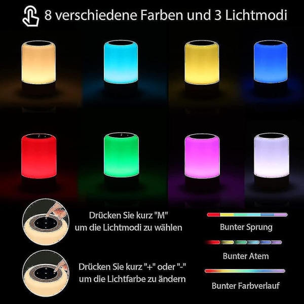 Led nattbordslampe Touch dimbar, bordlampe batteridrevet 8 farger og 3