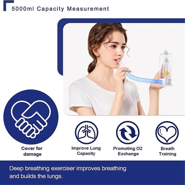 Åndedrætstræningsenhed til lungerne, dyb vejrtrækningstræner til voksne-5000 ml volumenmåling med flowhastighedsindikator