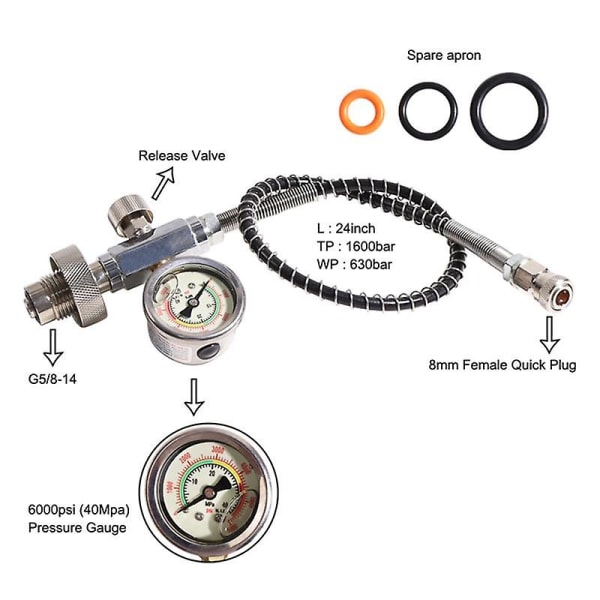 Päivitä 24 tuuman HPA-täyttöaseman lataussovitin sovitin sukelluspullosta W/Din 232/300Bar liittimellä PCP-ilmatäyttöön