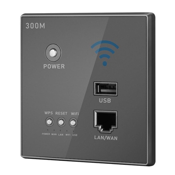 Trådlöst WiFi-uttag Rj45, AP-relä Smart USB -uttag, kristallglaspanel, 300 Mbps inbyggd vägg WIFI-router, grå