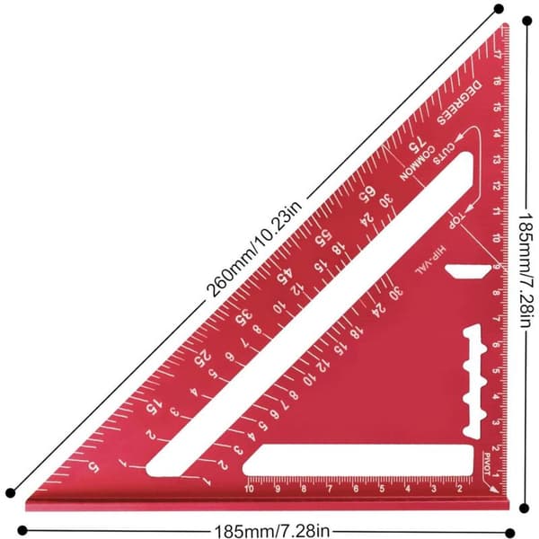 185 mm triangulär linjal (röd metrisk). Vinkelhake. Högprecisions triangulär linjal av aluminiumlegering. Mätverktyg