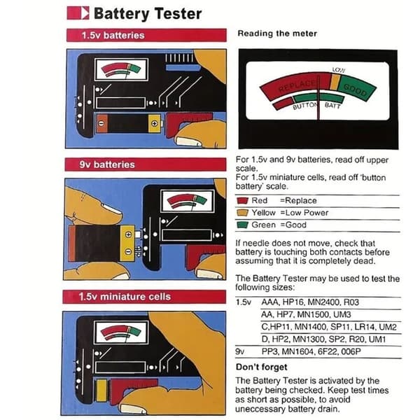 AA/AAA/C/D/9V/1.5V batterier. Universal knapcellebatteri. Farvekodet. Indikator. Spændingstester. Kontrolenhed