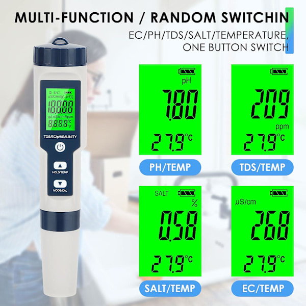 5 i 1 pH-måler til vand, pH/TDS/EC/temp/saltmåler, Salt-tester til saltvandspool, 0,01 opløsning Høj præcision Digital pH-tester