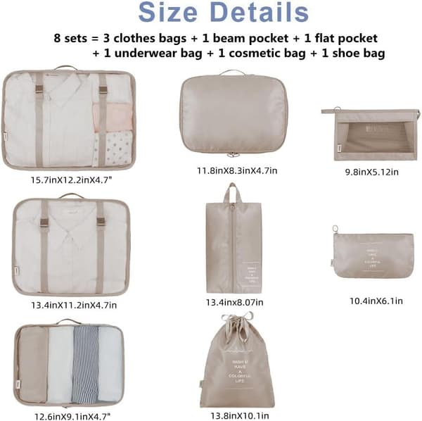 Resväska Organizer Väskor, 8 Storlekar, Resväska Organizer Väskor, 8-pack (Beige)