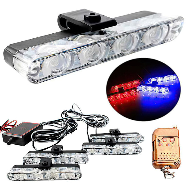 16 LED Rød og Blå Bil Strobelys 12V Advarselslys Blink + Fjernbetjening