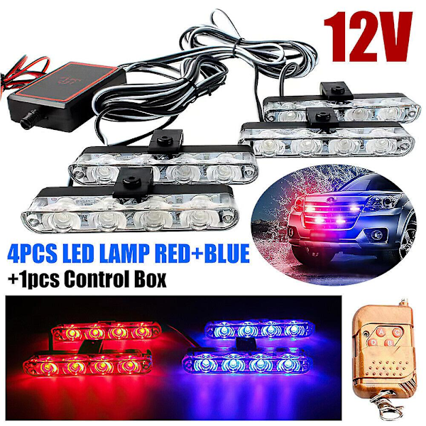 16 LED Rød og Blå Bil Strobelys 12V Advarselslys Blink + Fjernbetjening