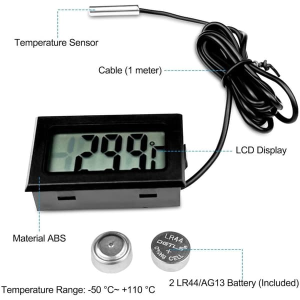 5-delars digital kylskåpstermometer. Digital temperaturprob med LCD-skärm. Temperaturtermometer med temperaturprobsensor