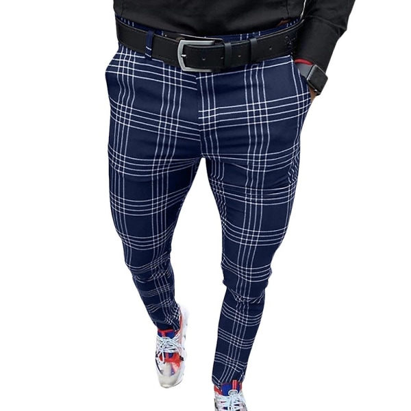 Rutete bukser for menn Casual Business Formell Slim Fit Arbeidsbukser Blue 3XL