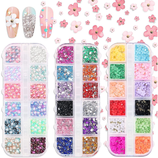 3780 stk. Nail Charms Art Rhinestones Flower Pearls Kit,neil Stickers Gems 3d Flower Rhinestones For Negle Accessories Stuff Crafts Face Makeup Tooth G