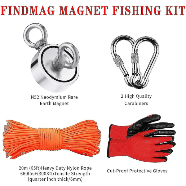 Aespa Magnetic Fishing Set, 300 kg stark dragkraft fiskemagnet, neodym rund magnet fiske med dubbelsidiga ringar, för apportering i R