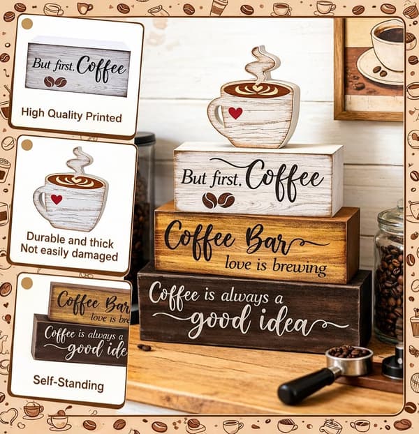 4-delt dekorasjonssett i tre til kaffebar, kaffebar-skilt i rustikk stil, egnet for flertrinnsbrett.