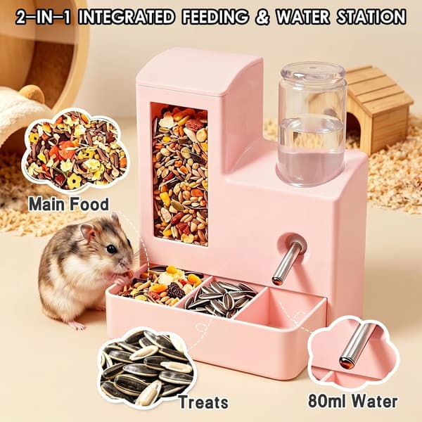 Hamster vannflaske og fôrautomat, dryppfri 2-i-1 dispenser