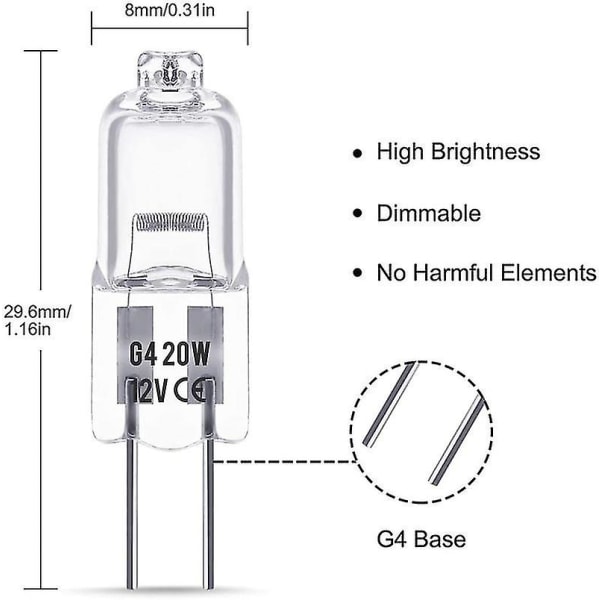 2024 10 stk G4 halogenpære, 12v 20w G4 pære, varm hvid 3000k, 150lm, dæmpbar, G4 halogenlampe