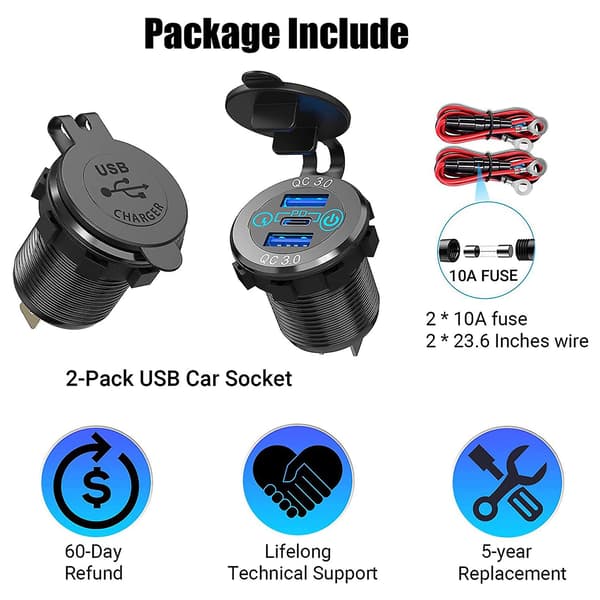 3.0 PD3.0 Trippel USB Billader 12V 24V 60W USB-C Multilader med Afbryder til Båd, Lastbil, Campingvogn