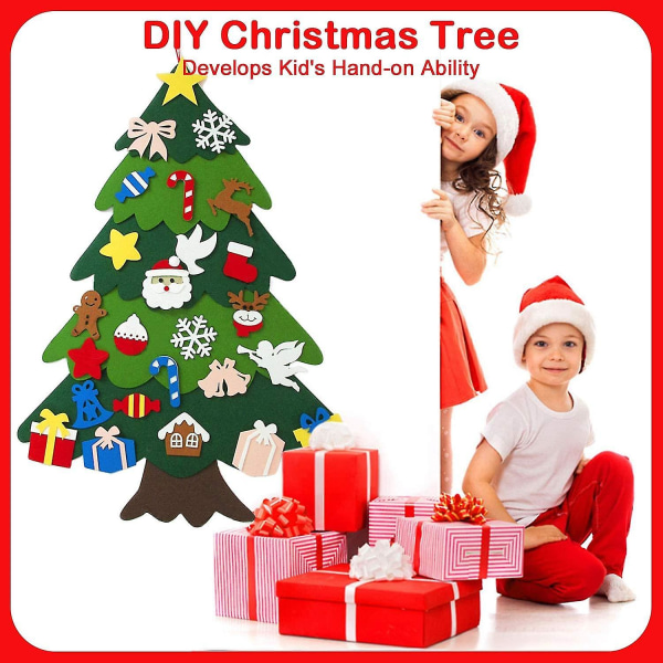 Gjør-det-selv filt juletre med 26 ornamenter for barn, avtakbar juletre hengende krok tau for barn Julegaver Veggvindusdørdekor A