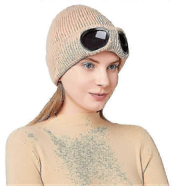 Unisex Mössa med Glasögon Stickad Varm Vintermössa beige