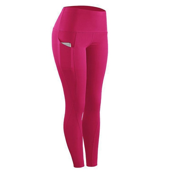 Kvinner Casual Slim Fit Vanlige Leggings med høy midje Sport Yoga Ankellengde bukser med lommer Pink L