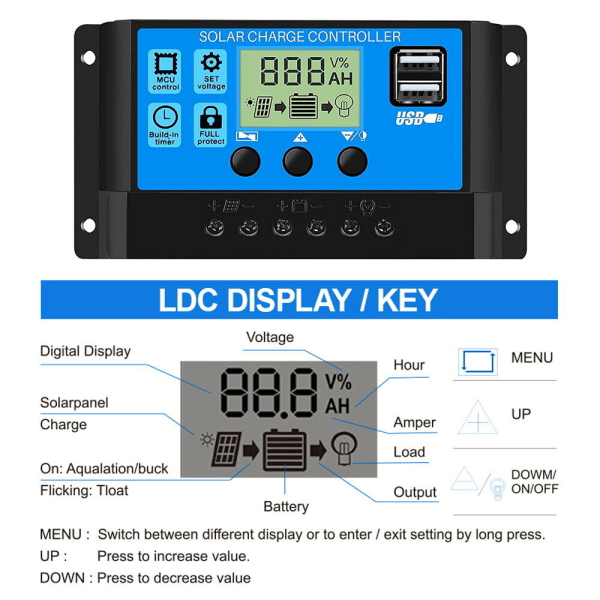 Solcellepanel Lader 30A 20A 10A Kontroller 12V/24V LCD Regulator Dobbel USB 30A