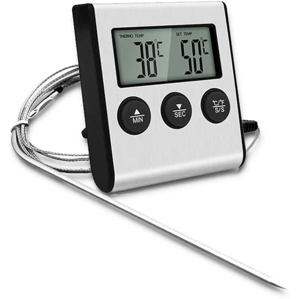 LED digitalt termometer med sonde. Matttermometer med timerfunksjon. Koke- og grilltermometer for grill og ovn.