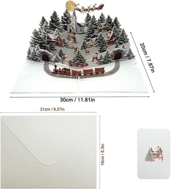 3D Julkort, vinternattstad, snögubbe och skogsdesign, handgjorda julklappar.