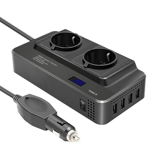 200W Bilinverter, 12V til 220V Spenningsomformer med Smart Tidsvisning LCD, 2 Stikkontakter og 4 USB-C-porter