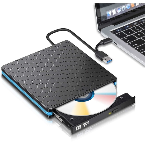 Extern DVD-enhet, USB 3.0 Type C CD-enhet, Dual Port DVD-spelare, Portable Optical Burner Writer Rewriter, hög