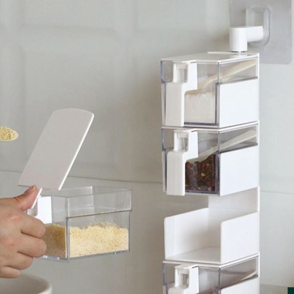 Punch-fri Vægmontering Roterbar Krydderi krydderier Opbevaringsboks Container med ske hvid