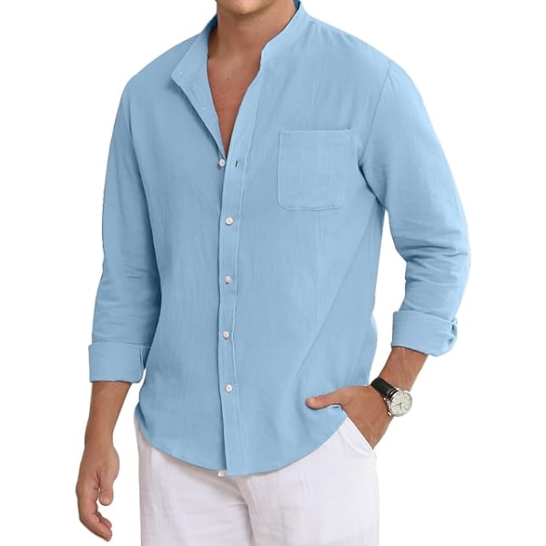 Herre afslappede bomuldslinnedskjorter Langærmede Button Down-skjorter med lomme Light Blue XL
